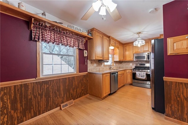 kitchen with visible vents, wainscoting, stainless steel appliances, light countertops, and wood walls