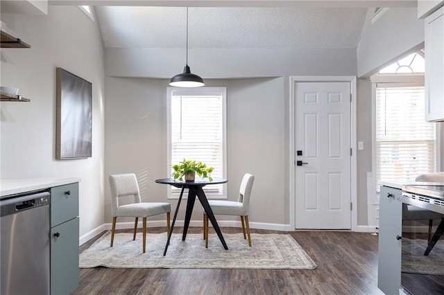 dining area featuring baseboards, dark wood-style flooring, and a textured ceiling