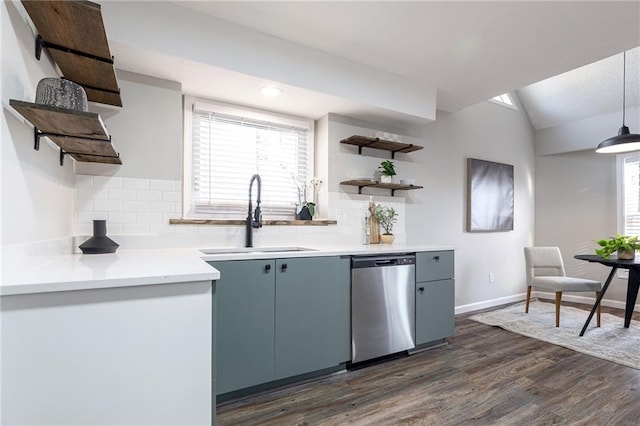 kitchen featuring a sink, a wealth of natural light, open shelves, and stainless steel dishwasher