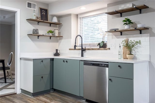 kitchen with a sink, visible vents, open shelves, and stainless steel dishwasher