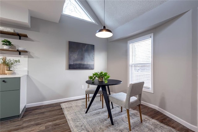 dining room with vaulted ceiling, a textured ceiling, dark wood-style floors, and baseboards