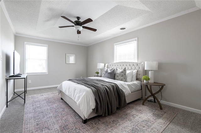 bedroom featuring ornamental molding, carpet, visible vents, and baseboards