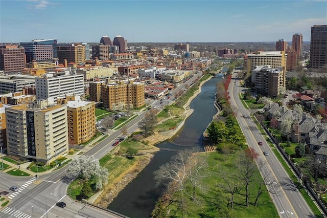 aerial view with a city view and a water view