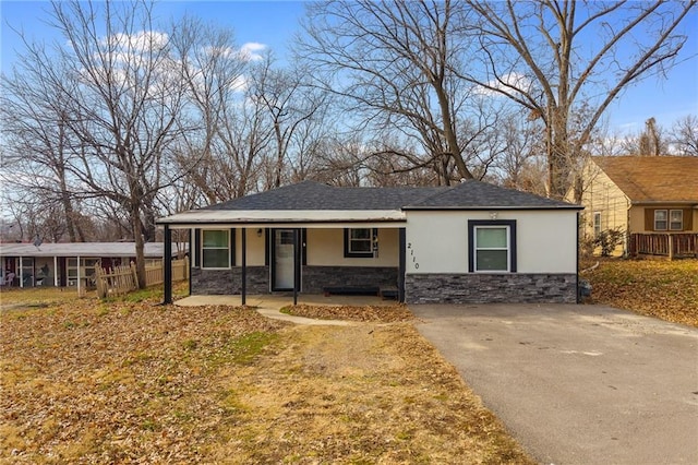 view of front of property with stone siding, covered porch, and stucco siding