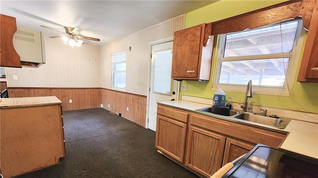 kitchen with ceiling fan, wainscoting, a wealth of natural light, and a sink