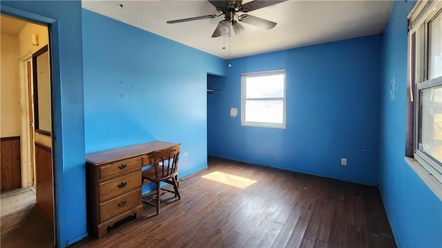 unfurnished office featuring ceiling fan and wood finished floors