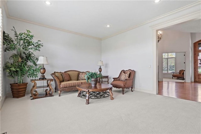 15300 Mastin St, Overland Park, KS 66221 - carpeted living room with crown molding, baseboards, and recessed lighting