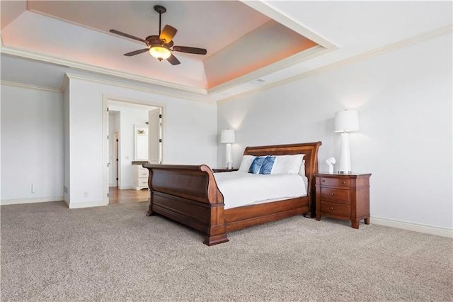 15300 Mastin St, Overland Park, KS 66221 - carpeted bedroom with ceiling fan, baseboards, ornamental molding, and a raised ceiling