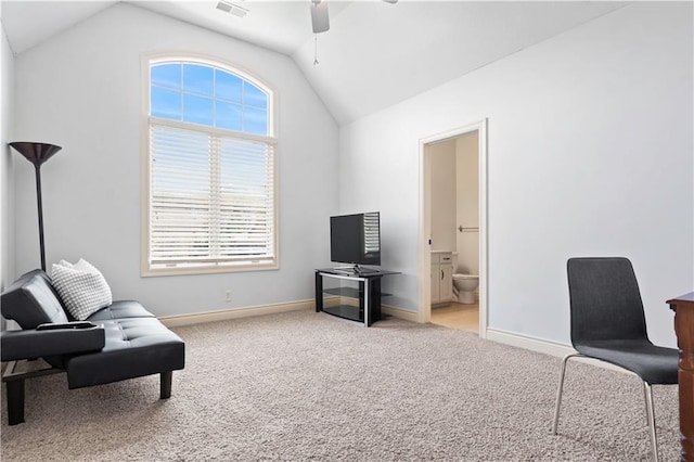 15300 Mastin St, Overland Park, KS 66221 - sitting room with baseboards, visible vents, lofted ceiling, light colored carpet, and ceiling fan
