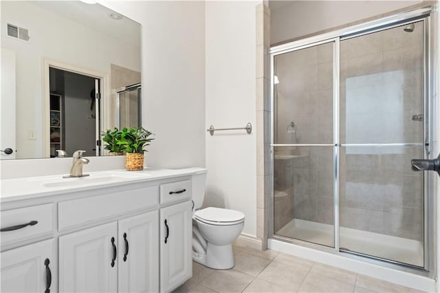 15300 Mastin St, Overland Park, KS 66221 - bathroom with vanity, a stall shower, tile patterned floors, toilet, and visible vents