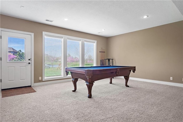 15300 Mastin St, Overland Park, KS 66221 - game room with pool table, baseboards, carpet flooring, a textured ceiling, and visible vents