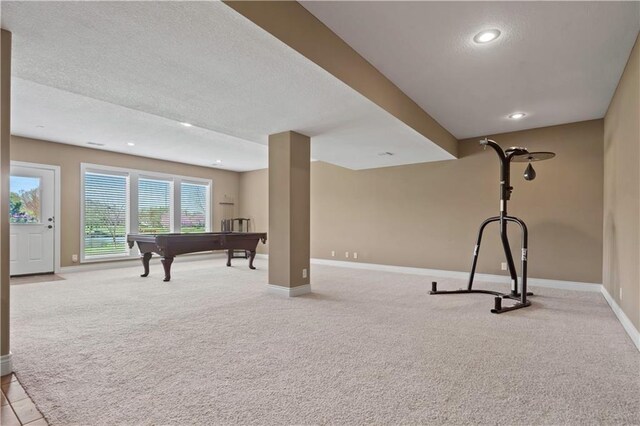 15300 Mastin St, Overland Park, KS 66221 - playroom featuring a textured ceiling, carpet flooring, baseboards, and billiards