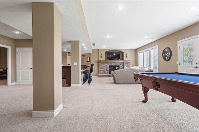 15300 Mastin St, Overland Park, KS 66221 - rec room featuring recessed lighting, a fireplace, carpet flooring, and baseboards