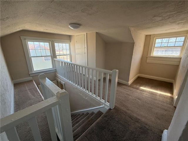 staircase with a wealth of natural light, carpet, and a textured ceiling