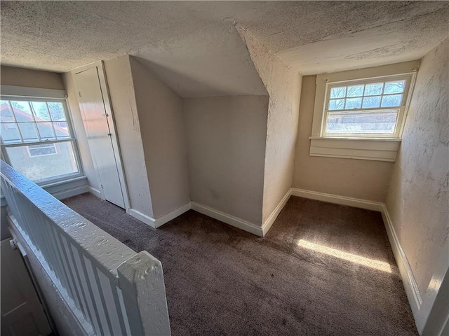 bonus room with carpet floors, a healthy amount of sunlight, baseboards, and a textured ceiling