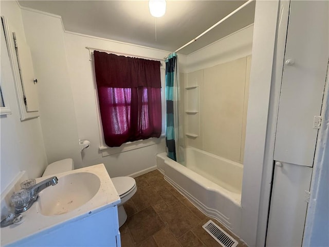 full bath with toilet, visible vents, shower / bath combination with curtain, and vanity