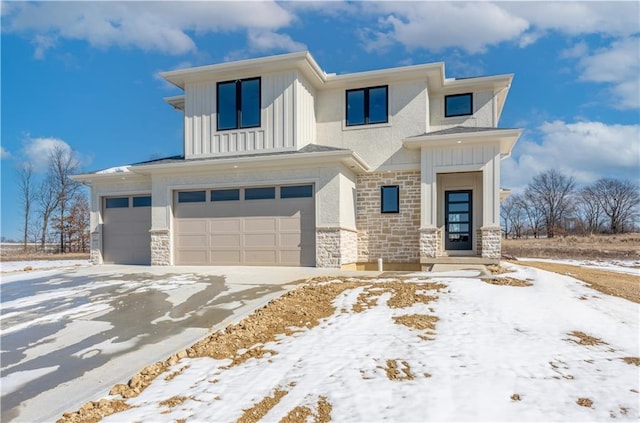 view of front facade featuring a garage, stone siding, concrete driveway, stucco siding, and board and batten siding