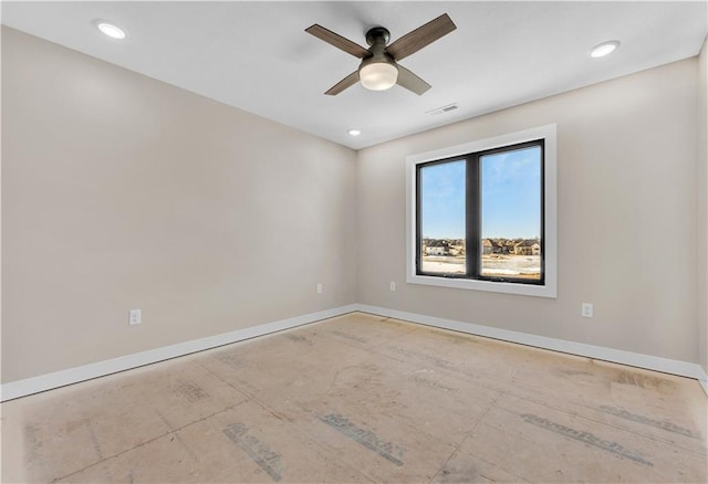 empty room featuring a ceiling fan, recessed lighting, visible vents, and baseboards