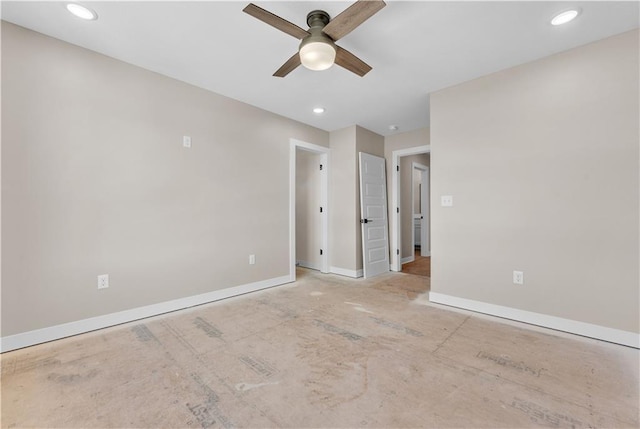 unfurnished room with baseboards, a ceiling fan, and recessed lighting