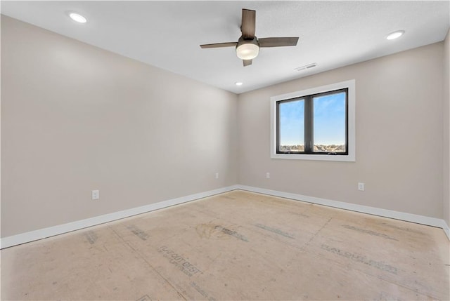 unfurnished room featuring baseboards, visible vents, a ceiling fan, and recessed lighting