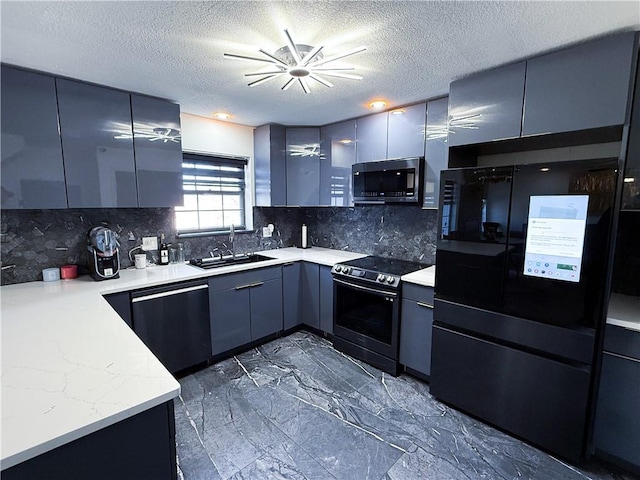 kitchen featuring stainless steel electric range oven, freestanding refrigerator, a sink, modern cabinets, and dishwasher