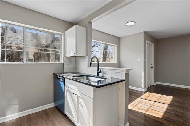 kitchen featuring dark wood-style floors, a sink, baseboards, white cabinets, and dishwasher