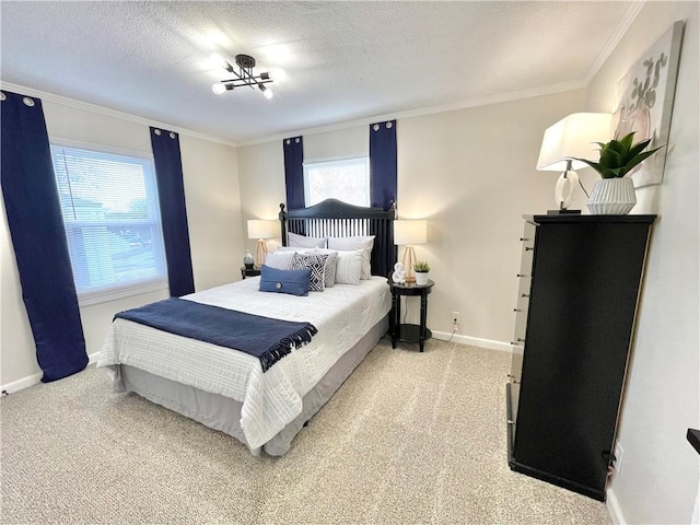 bedroom featuring multiple windows, carpet, and crown molding