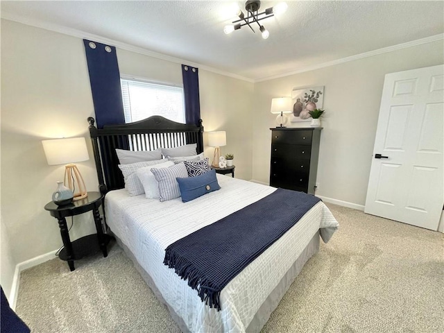 bedroom with ornamental molding, light carpet, a textured ceiling, and baseboards