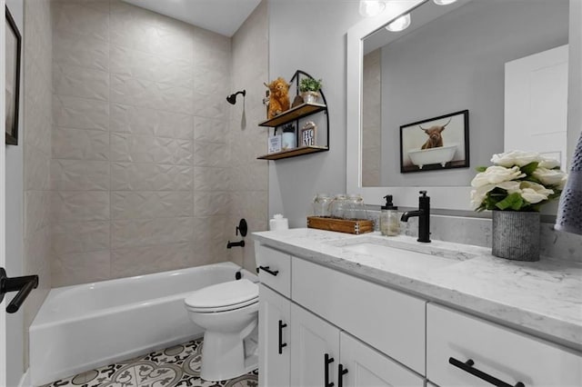 bathroom featuring shower / bathtub combination, tile patterned flooring, vanity, and toilet