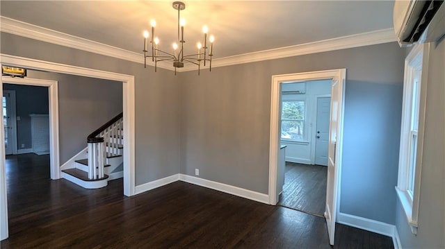 unfurnished dining area featuring dark wood-style flooring, baseboards, stairs, ornamental molding, and a wall mounted AC