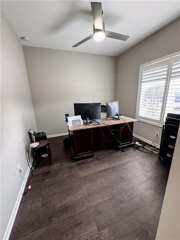 office area featuring ceiling fan, dark wood finished floors, and baseboards