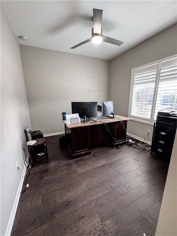 home office featuring a ceiling fan, baseboards, and dark wood-type flooring