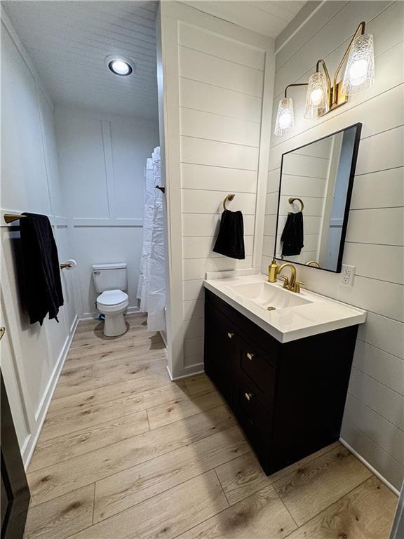 bathroom with toilet, a shower with curtain, wood finished floors, vanity, and a decorative wall