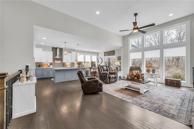 living area featuring dark wood finished floors and recessed lighting