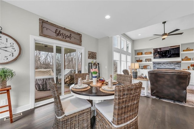 dining space featuring recessed lighting, visible vents, ceiling fan, wood finished floors, and baseboards