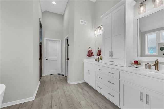 bathroom with double vanity, wood finished floors, a sink, and visible vents