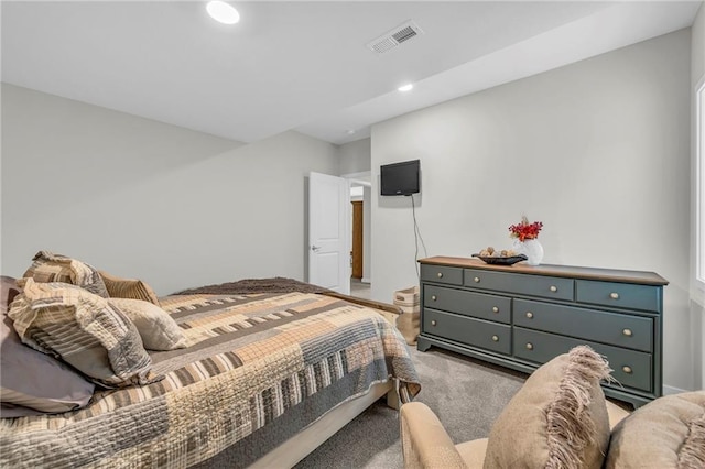 bedroom with recessed lighting, visible vents, and light colored carpet