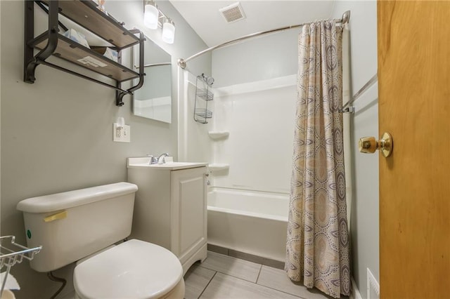 full bathroom featuring toilet, vanity, shower / bath combo, tile patterned flooring, and visible vents