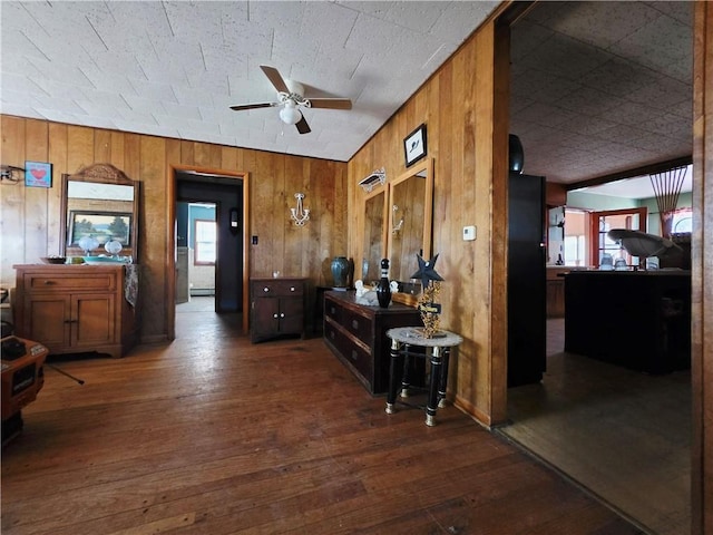 hall with hardwood / wood-style flooring, plenty of natural light, and wooden walls