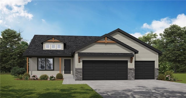 view of front of property with a garage, concrete driveway, stone siding, and a front lawn