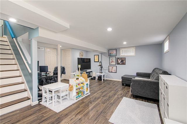 living area with baseboards, stairway, dark wood-style flooring, and recessed lighting