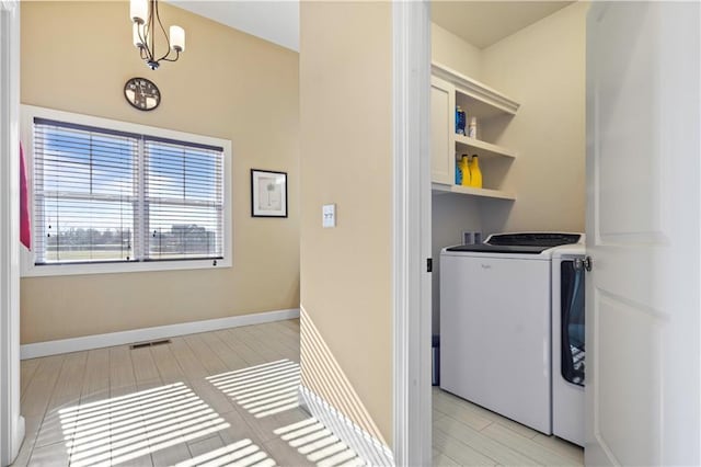 laundry room featuring washer and dryer, laundry area, visible vents, and baseboards