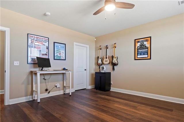 interior space with dark wood-style floors, ceiling fan, visible vents, and baseboards