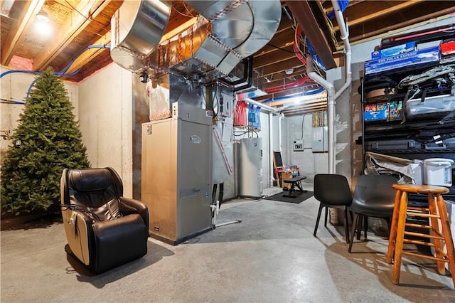 unfinished basement featuring water heater, electric panel, and heating unit