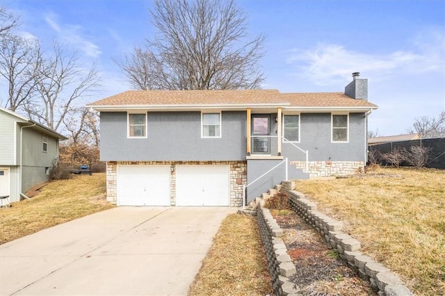 view of front of property with concrete driveway, stone siding, a chimney, an attached garage, and stucco siding