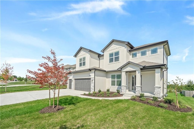 craftsman inspired home with a garage, stone siding, driveway, and a front lawn