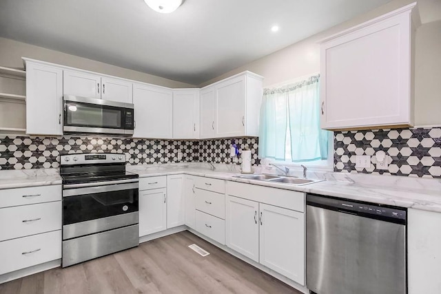 kitchen with a sink, white cabinets, appliances with stainless steel finishes, open shelves, and light wood finished floors