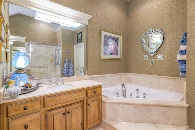 full bath with vaulted ceiling, a stall shower, vanity, and a bath