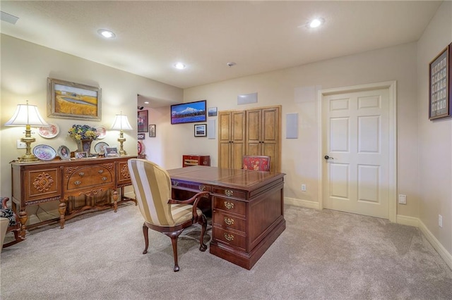 office space with light carpet, baseboards, and recessed lighting