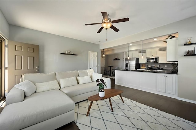 16059 Fontana St Unit 205, Overland Park, KS 66085 - living room with recessed lighting, ceiling fan, and dark wood-style floors